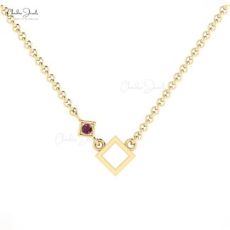 Open Square Rhodolite Garnet Pendant With 2.5mm Gemstone Pave Set In 14k Gold Necklace