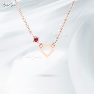 Gemstone Open Square Necklace In 14k Real Gold Pink Tourmaline Solitaire Fine Necklace