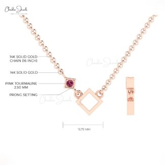 Gemstone Open Square Necklace In 14k Real Gold Pink Tourmaline Solitaire Fine Necklace