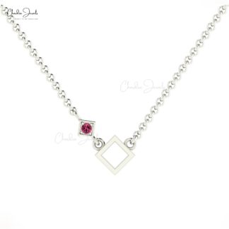 Gemstone Open Square Necklace In 14k Real Gold Pink Tourmaline Solitaire Fine Necklace
