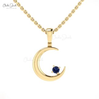 Solid 14k Gold Half Moon With 2mm Round Blue Sapphire Crescent Pendant