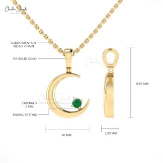 Natural 0.03ct Emerald Half Moon Pendant In 14k Real Gold