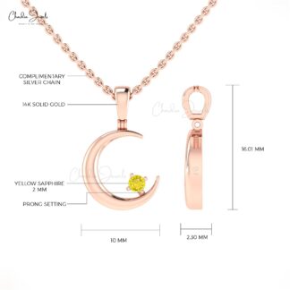 Gemstone Celestial Pendant In Real 14k Gold Yellow Sapphire 0.03 Ct Round Cut Necklaces