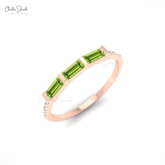 Genuine Peridot 4x2mm Baguette Gemstone And Dainty Diamond 14k Real Gold Stacking Ring