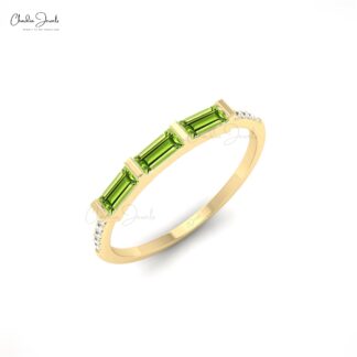 Genuine Peridot 4x2mm Baguette Gemstone And Dainty Diamond 14k Real Gold Stacking Ring