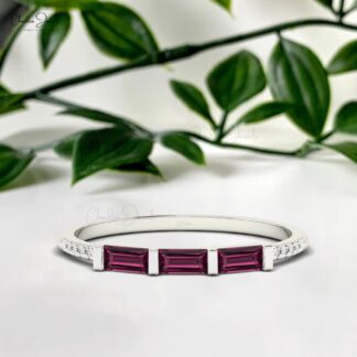 Natural Rhodolite Garnet 4x2mm Gemstone And Diamond Accents in 14k Gold Women Ring