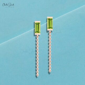 Gemstone Chain Earring With 0.6 Ct Peridot Solitaire Delicate Earrings In 14k Real Gold