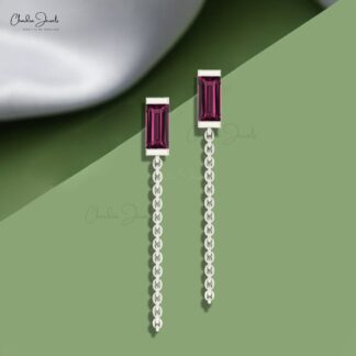 Modern Chain Earring In Solid 14k Gold Rhodolite Garnet 6x3mm Baguette Hallmark Earrings