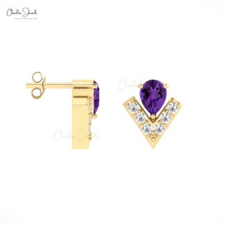 Gemstone Push Back Stud with 0.34 Ct Amethyst Diamond Chevron Earrings In 14k Real Gold