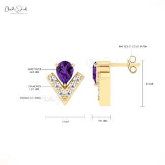 Gemstone Push Back Stud with 0.34 Ct Amethyst Diamond Chevron Earrings In 14k Real Gold