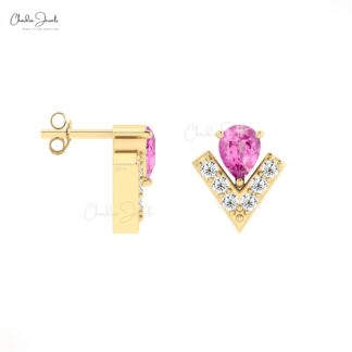 Natural Pink Sapphire & Dainty Diamond Chevron Stud Earrings In 14k Solid Gold