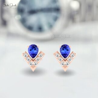 Pear Chevron Earrings In 14k Solid Gold Tanzanite 4x3mm Gemstone Diamond V Shape Studs