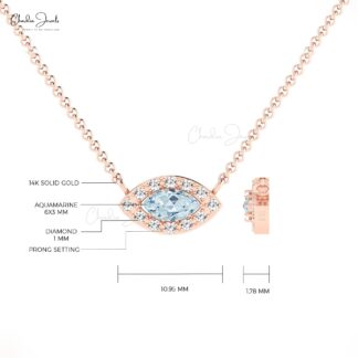 Halo Minimal Necklace With 0.17 Ct Aquamarine And Diamond Chain Necklace In 14k Pure Gold