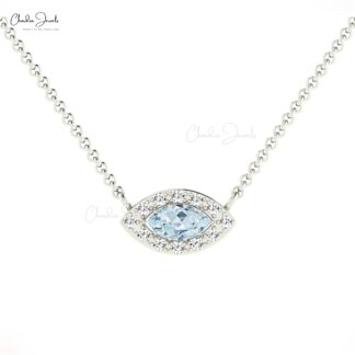 Halo Minimal Necklace With 0.17 Ct Aquamarine And Diamond Chain Necklace In 14k Pure Gold