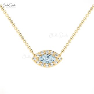 Halo Minimal Necklace With 0.17 Ct Aquamarine And Diamond Chain Necklace In 14k Pure Gold