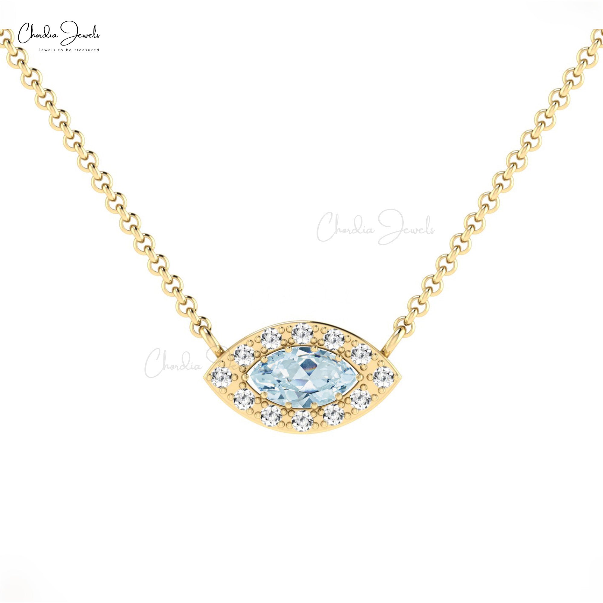 Halo Minimal Necklace With 0.17 Ct Aquamarine And Diamond Chain Necklace In 14k Pure Gold