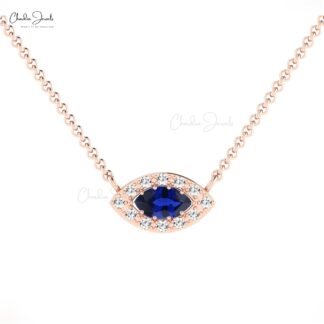 Natural Blue Sapphire Halo Chain Necklace In 14k Real Gold Pave Diamond Hallmark Jewelry