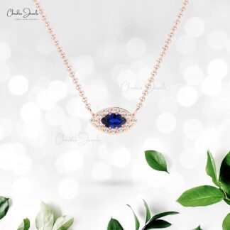 Natural Blue Sapphire Halo Chain Necklace In 14k Real Gold Pave Diamond Hallmark Jewelry