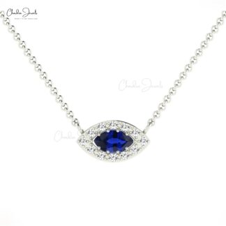 Natural Blue Sapphire Halo Chain Necklace In 14k Real Gold Pave Diamond Hallmark Jewelry