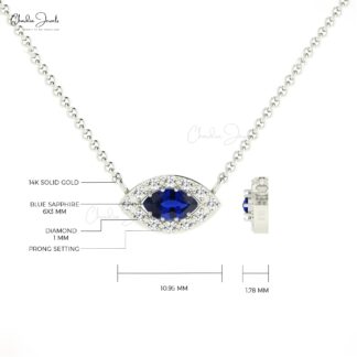 Natural Blue Sapphire Halo Chain Necklace In 14k Real Gold Pave Diamond Hallmark Jewelry