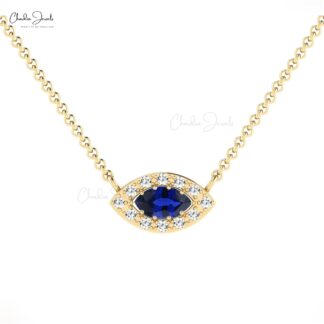 Natural Blue Sapphire Halo Chain Necklace In 14k Real Gold Pave Diamond Hallmark Jewelry