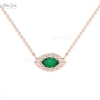 Halo Marquise Necklace In 14k Real Gold Emerald 6x3mm Gemstone Diamond Chain Necklace