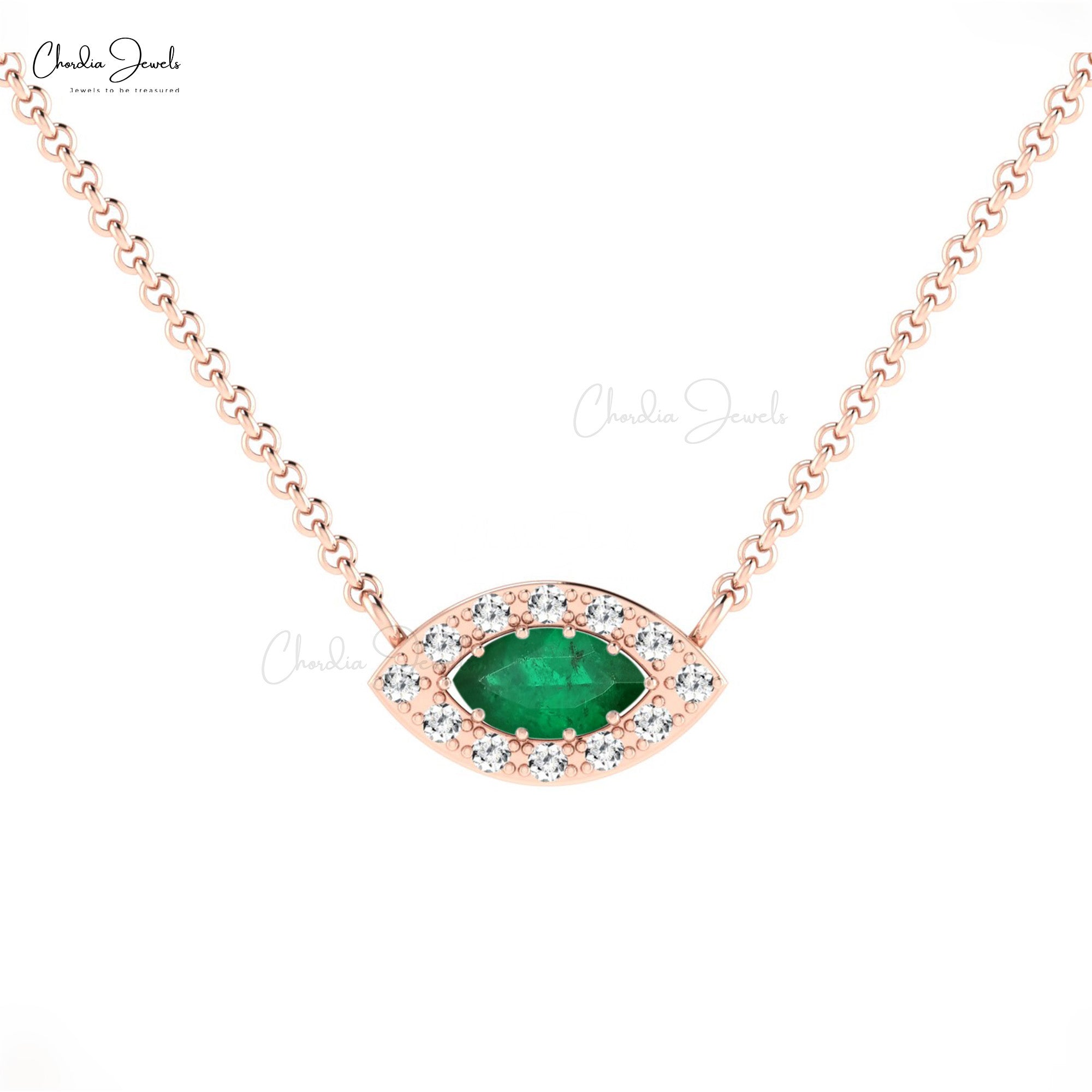Halo Marquise Necklace In 14k Real Gold Emerald 6x3mm Gemstone Diamond Chain Necklace