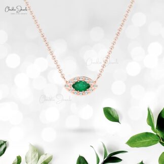 Halo Marquise Necklace In 14k Real Gold Emerald 6x3mm Gemstone Diamond Chain Necklace