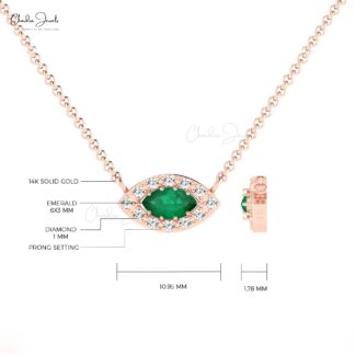 Halo Marquise Necklace In 14k Real Gold Emerald 6x3mm Gemstone Diamond Chain Necklace
