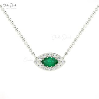 Halo Marquise Necklace In 14k Real Gold Emerald 6x3mm Gemstone Diamond Chain Necklace