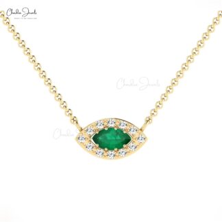 Halo Marquise Necklace In 14k Real Gold Emerald 6x3mm Gemstone Diamond Chain Necklace