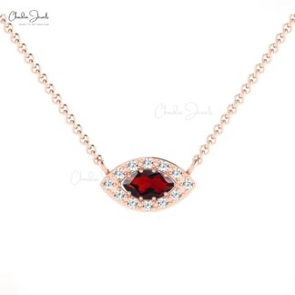 Marquise Evil Eye Necklace With 6x3mm Red Garnet Diamond Halo 14k Real Gold Necklace