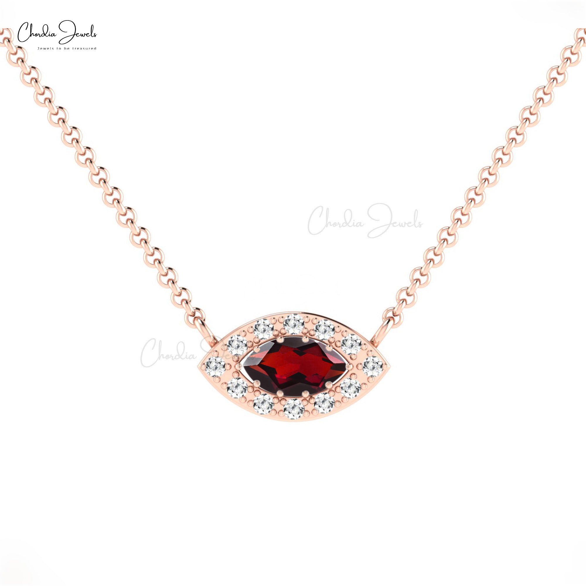 Marquise Evil Eye Necklace With 6x3mm Red Garnet Diamond Halo 14k Real Gold Necklace