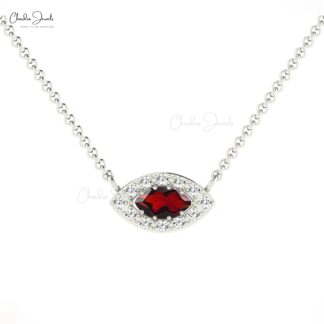 Marquise Evil Eye Necklace With 6x3mm Red Garnet Diamond Halo 14k Real Gold Necklace