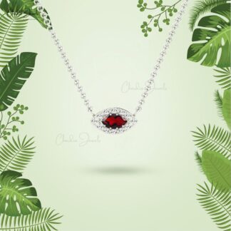 Marquise Evil Eye Necklace With 6x3mm Red Garnet Diamond Halo 14k Real Gold Necklace