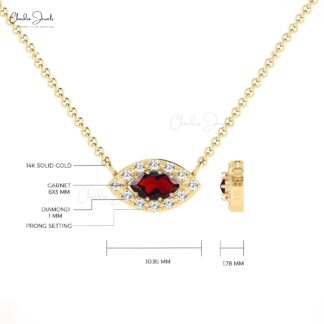 Marquise Evil Eye Necklace With 6x3mm Red Garnet Diamond Halo 14k Real Gold Necklace