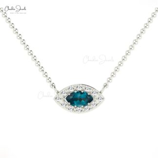 Halo Wedding Necklace With London Blue Topaz And Diamond Necklace In 14k Real Gold