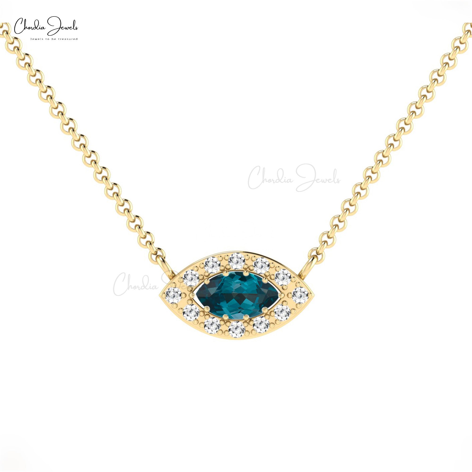 Halo Wedding Necklace With London Blue Topaz And Diamond Necklace In 14k Real Gold