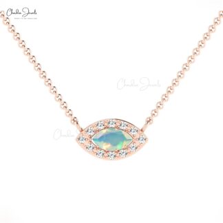 Marquise Halo Chain Necklace With 0.17 Ct Opal And Diamond Pave In 14k Real Gold Necklaces