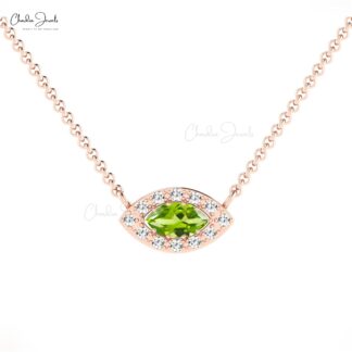 Genuine Peridot Evil Eye Charm In 14k Solid Gold G-H Diamond Halo Marquise Necklace