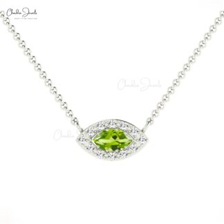 Genuine Peridot Evil Eye Charm In 14k Solid Gold G-H Diamond Halo Marquise Necklace