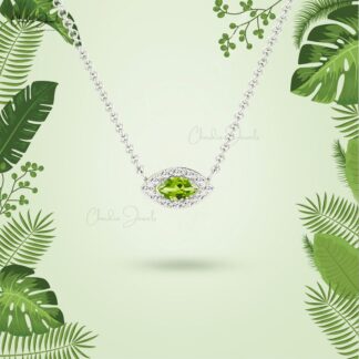 Genuine Peridot Evil Eye Charm In 14k Solid Gold G-H Diamond Halo Marquise Necklace