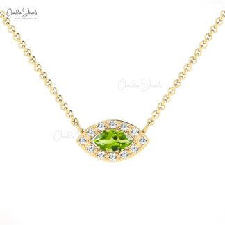 Genuine Peridot Evil Eye Charm In 14k Solid Gold G-H Diamond Halo Marquise Necklace