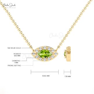 Genuine Peridot Evil Eye Charm In 14k Solid Gold G-H Diamond Halo Marquise Necklace