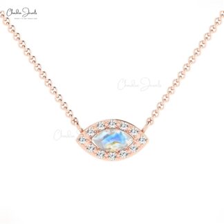 Marquise Rainbow Moonstone Halo Necklace In 14k Solid Gold Pave Diamond Fine Jewelry
