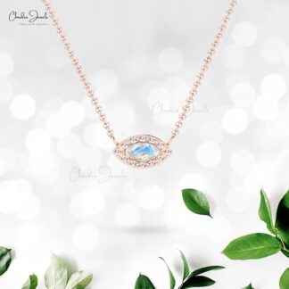 Marquise Rainbow Moonstone Halo Necklace In 14k Solid Gold Pave Diamond Fine Jewelry