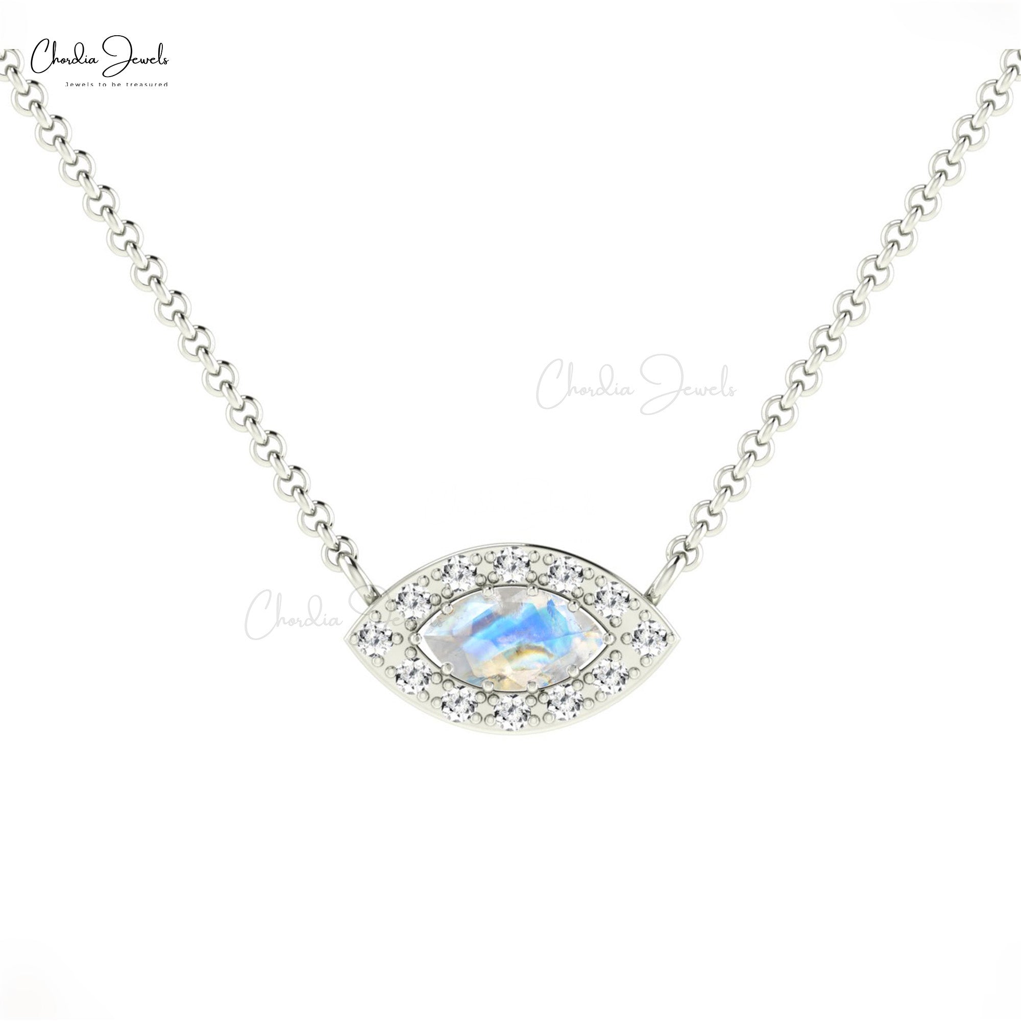 Marquise Rainbow Moonstone Halo Necklace In 14k Solid Gold Pave Diamond Fine Jewelry