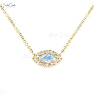Marquise Rainbow Moonstone Halo Necklace In 14k Solid Gold Pave Diamond Fine Jewelry