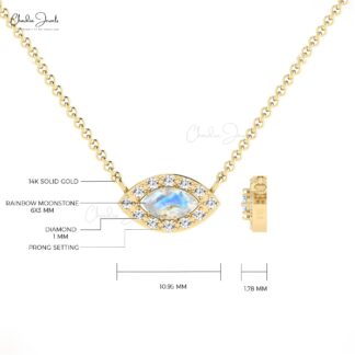 Marquise Rainbow Moonstone Halo Necklace In 14k Solid Gold Pave Diamond Fine Jewelry