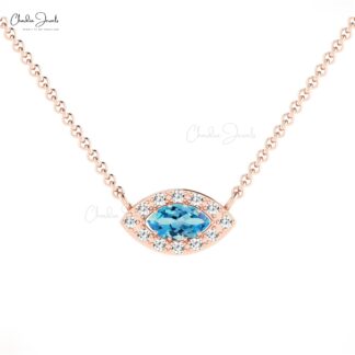 Halo Diamond Charm In 14k Pure Gold Swiss Blue Topaz 0.17 Ct Gemstone Chain Necklace